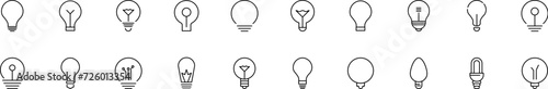 Collection of thin line icons of different light bulbs. Linear sign and editable stroke. Suitable for web sites, books, articles
