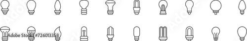 Collection of thin line icons of light bulbs for various resources. Linear sign and editable stroke. Suitable for web sites, books, articles