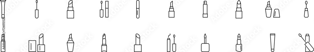 Collection of thin line icons of lipstick and mascara. Linear sign and editable stroke. Suitable for web sites, books, articles - obrazy, fototapety, plakaty 