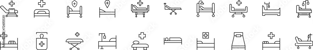 Collection of thin line icons of hospital bed. Linear sign and editable stroke. Suitable for web sites, books, articles - obrazy, fototapety, plakaty 
