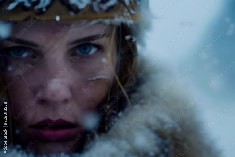 Norse warrior viking woman with falling snow, Norse mythology and fantasy concept.