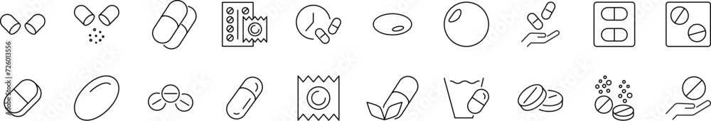 Collection of thin line icons of medication. Linear sign and editable stroke. Suitable for web sites, books, articles Collection of thin line icons of medication. Linear sign and editable stroke. Suitable for web sites, books, articles