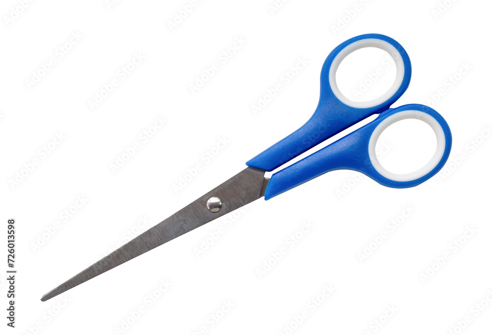 Top view of small multipurpose scissors with blue handle isolated with clipping path in png file format Top view of small multipurpose scissors with blue handle isolated with clipping path in png file format
