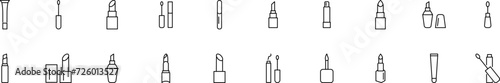 Collection of thin line icons of lipstick and mascara. Linear sign and editable stroke. Suitable for web sites, books, articles