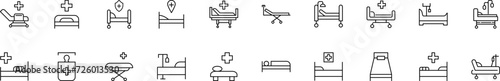 Collection of thin line icons of hospital bed. Linear sign and editable stroke. Suitable for web sites, books, articles photo