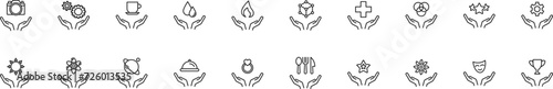 Collection of thin line icons of various items over opened palms. Linear sign and editable stroke. Suitable for web sites, books, articles