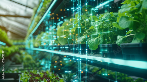 Hydroponics vertical farm in greenhouse laboratory with high technology and hologram style. photo