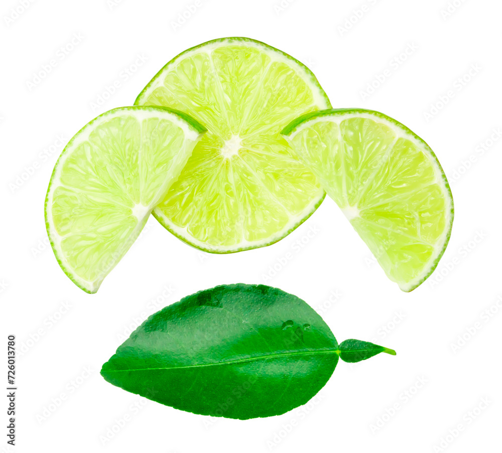 Top view set of fresh green lemon slices in stack with leaf isolated with clipping path in png file format