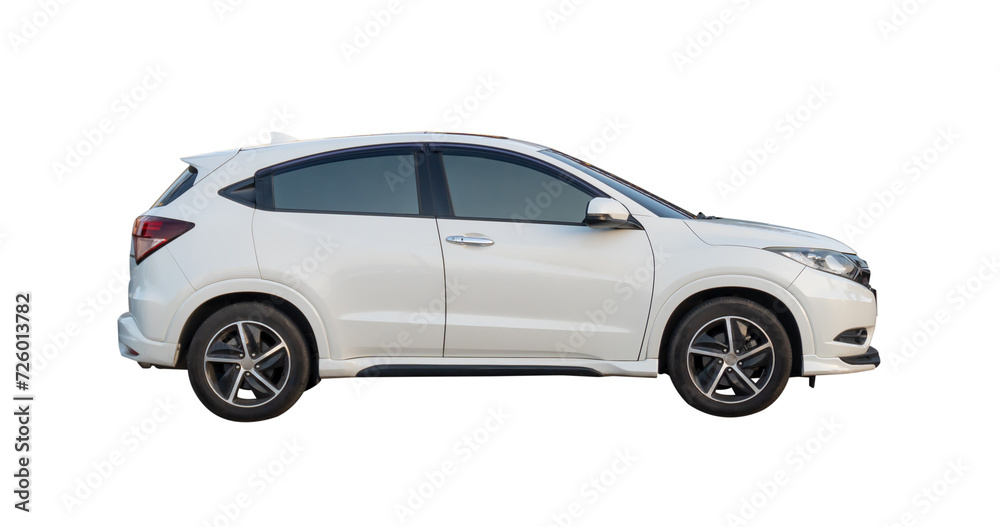 Fototapeta premium Side view of white hatchback car isolated on white background with clipping path