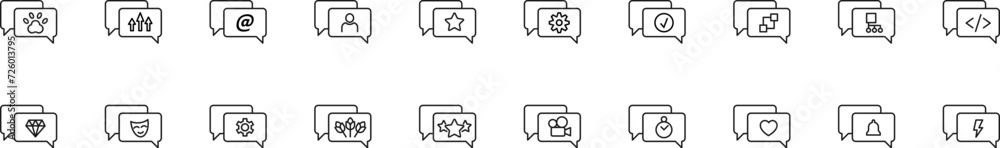 Collection of thin line icons of items inside of a speech bubble. Linear sign and editable stroke. Suitable for web sites, books, articles