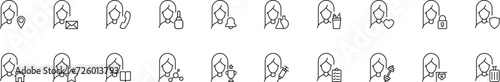 Collection of thin line icons of various items by faceless woman. Linear sign and editable stroke. Suitable for web sites, books, articles