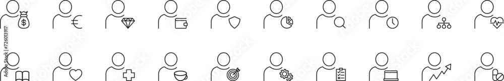 Collection of thin line icons of items by faceless user. Linear sign and editable stroke. Suitable for web sites, books, articles Collection of thin line icons of items by faceless user. Linear sign and editable stroke. Suitable for web sites, books, articles