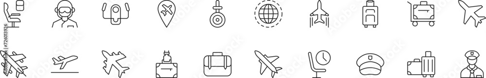 Collection of thin line icons of airplane. Linear sign and editable stroke. Suitable for web sites, books, articles Collection of thin line icons of airplane. Linear sign and editable stroke. Suitable for web sites, books, articles