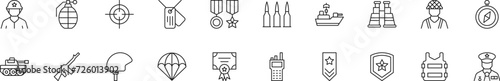 Collection of thin line icons of army. Linear sign and editable stroke. Suitable for web sites, books, articles