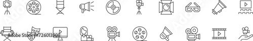Collection of thin line icons of movie and cinema. Linear sign and editable stroke. Suitable for web sites, books, articles