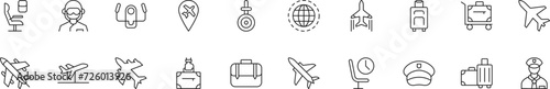 Collection of thin line icons of airplane. Linear sign and editable stroke. Suitable for web sites, books, articles