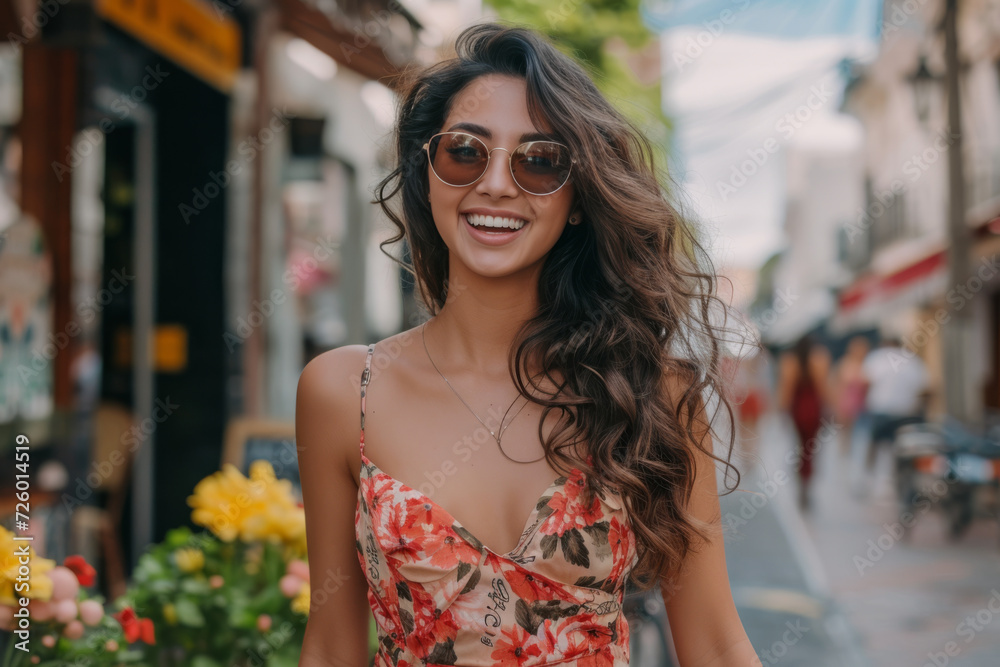 A woman wearing sunglasses and a floral dress smiles