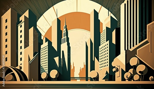 Urban cityscape with skyscrapers in retro modern vintage art deco illustration
