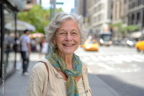 An older woman wearing glasses and a scarf smiles for the camera
