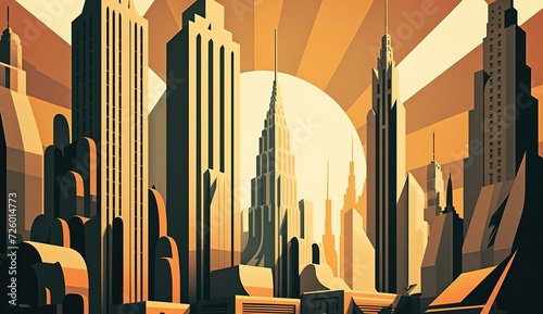 Urban cityscape with skyscrapers in retro modern vintage art deco illustration photo