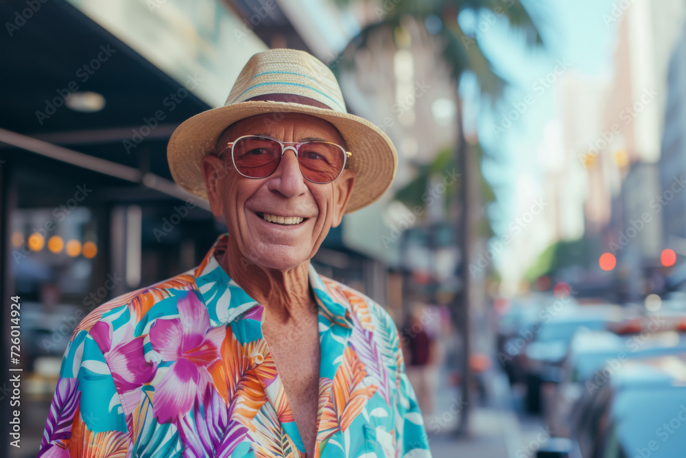 An older man wearing a hat and sunglasses smiles for the camera