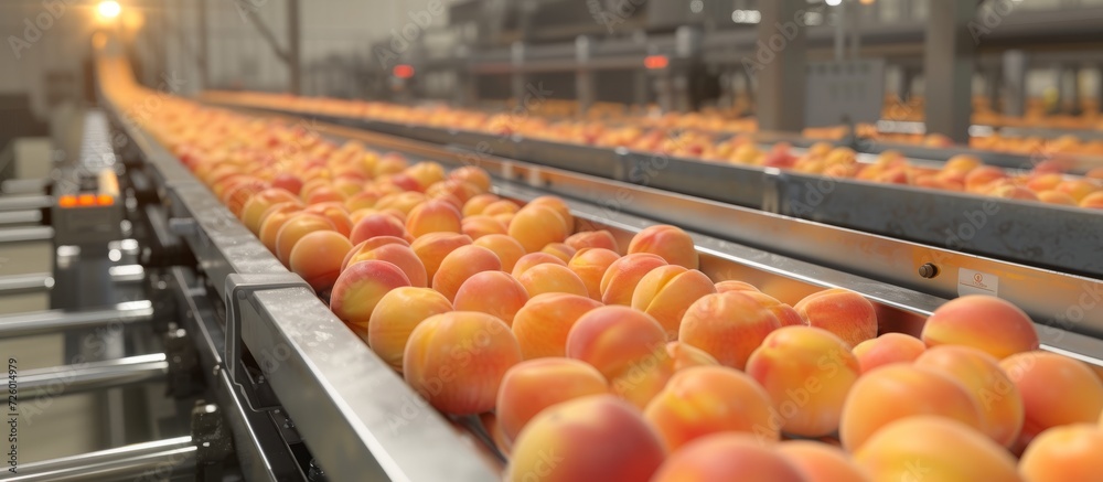 Packaging and calibrating fresh peaches using a conveyor line.