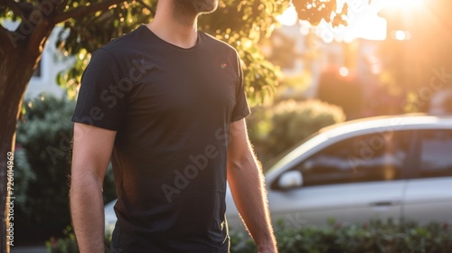 a 35 year old man wearing a black Bella Canvas 3001 T-shirt for a mockup, standing by a car, 