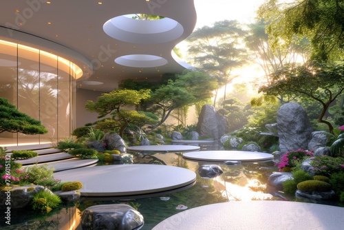 a modern Japanese zen garden filled with plants, trees and a water pond, 