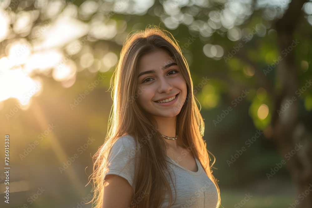A woman with long hair and a choker smiles for the camera A woman with long hair and a choker smiles for the camera