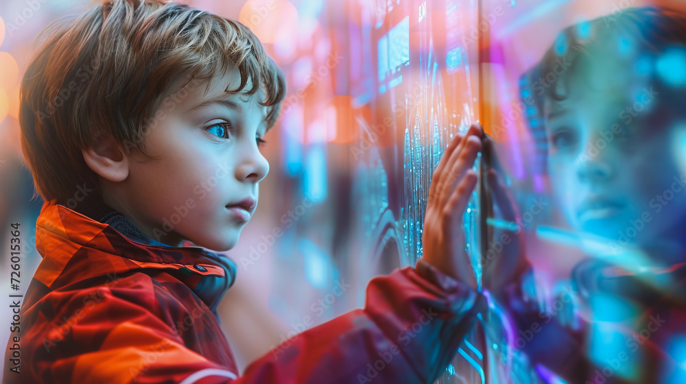 Image of young boy touching different electronic screens. Future technology in children concept Image of young boy touching different electronic screens. Future technology in children concept