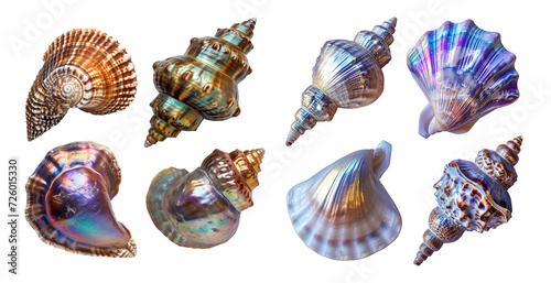 Collection of conch and sea shells with holographic tones over isolated transparent background photo