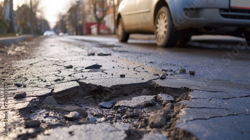 Damaged asphalt pavement road with potholes in city, car is nearby   photo