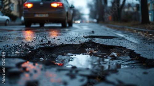 Damaged asphalt pavement road with potholes in city, car is nearby  photo