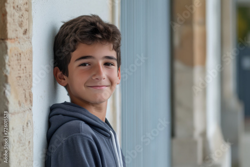 A young boy leaning against a wall with a smile on his face
