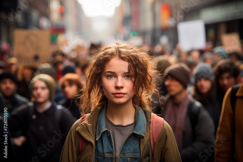 Portrait of a teenage girl with curly hair looking at the camera with a serious expression in the middle of a lgbt pride march. Generative AI © Lucas