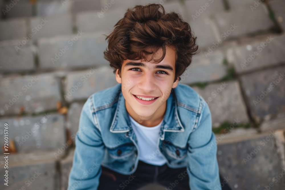 A young man wearing a denim jacket and a white shirt smiles for the camera