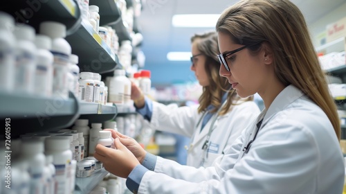 pharmacy technician team selecting medicine bottles 