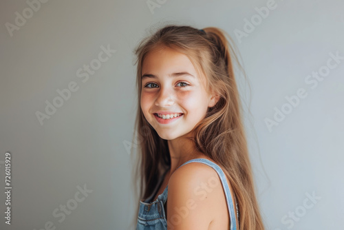 A young girl with long hair is smiling for the camera