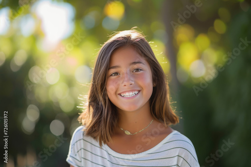 A young girl with braces on her teeth smiles for the camera