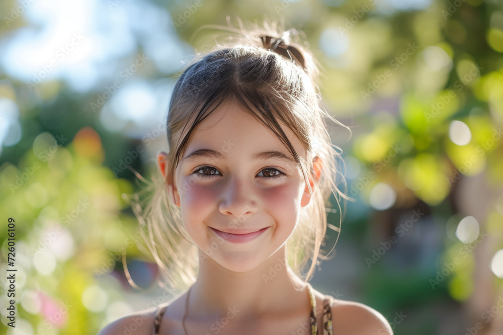 A young girl with a ponytail smiles for the camera A young girl with a ponytail smiles for the camera