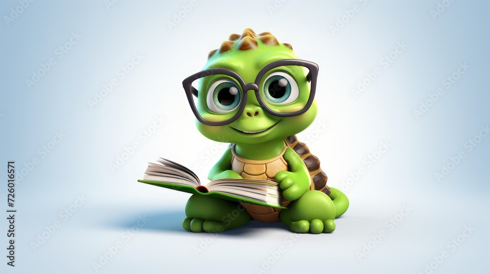 Cartoon illustration of a turtle mascot reading a book, wearing glasses and smiling Cartoon illustration of a turtle mascot reading a book, wearing glasses and smiling
