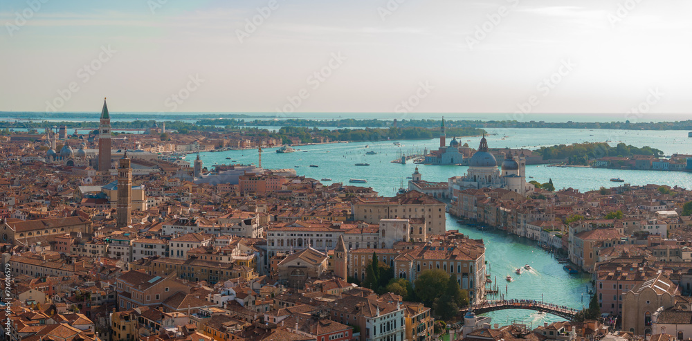 Obraz premium Aerial View of Venice near Saint Mark's Square, Rialto bridge and narrow canals. Beautiful Venice from above.