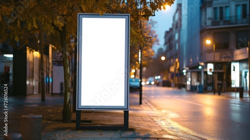 Vertical advertising stand in the street. Blank white street billboard poster lightbox stand   © Barbara Taylor