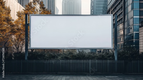 White large horizontal billboard mock up on fence wall with a city background. © Barbara Taylor