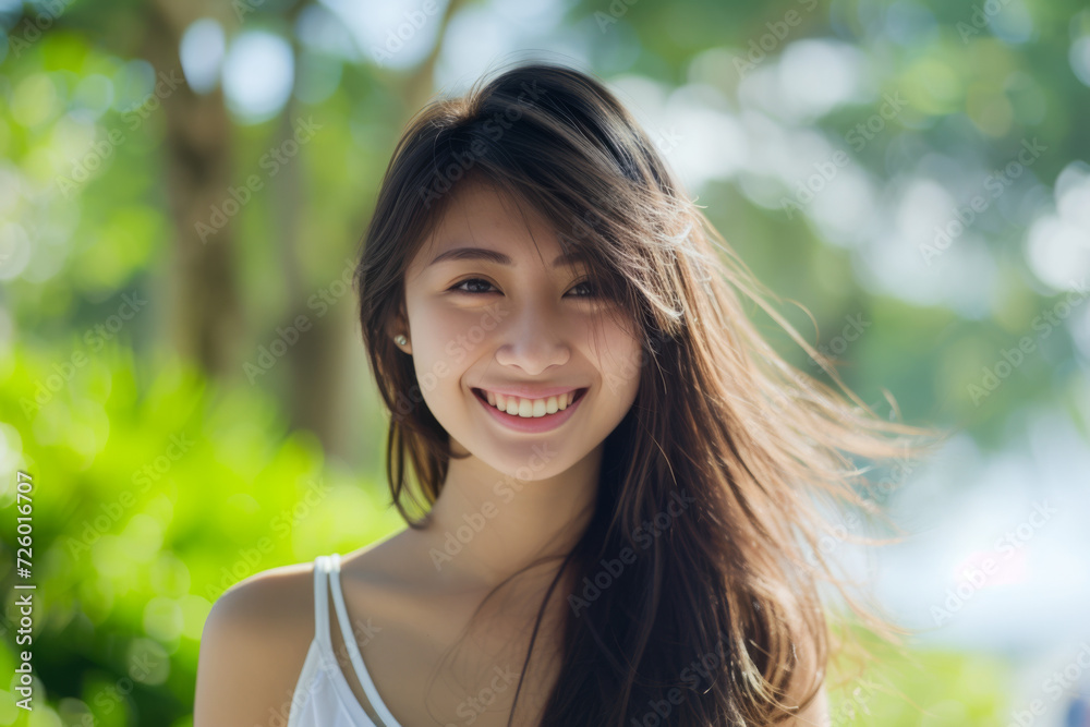 A woman in a white tank top smiles with her hair blowing in the wind