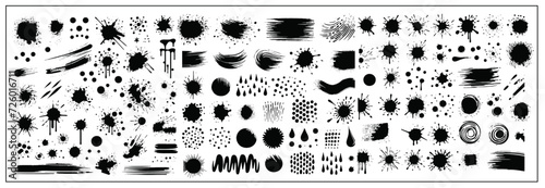 A collection of spots and stains. Black ink stains and dirt spots scattered with isolated drops and spots. Urban street style ink blots, dots or lines. Isolated vector illustration	 photo