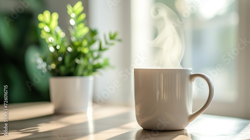 A white mug with steam on a table, backlit by sunlight creating a cozy atmosphere, with a blurred green plant in the background, conveying warmth and relaxation
