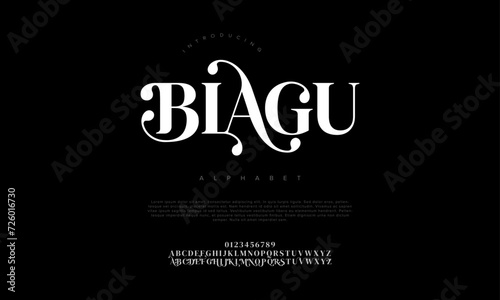 Blagu premium luxury elegant alphabet letters and numbers. Elegant wedding typography classic serif font decorative vintage retro. Creative vector illustration