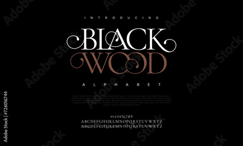 Blackwood premium luxury elegant alphabet letters and numbers. Elegant wedding typography classic serif font decorative vintage retro. Creative vector illustration