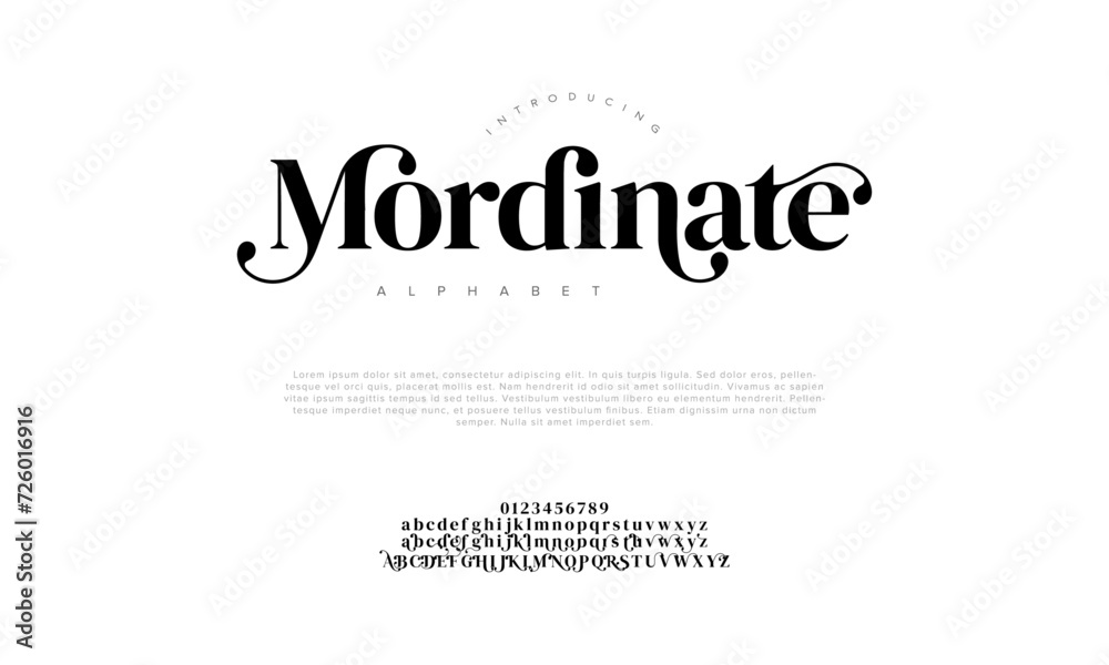 Mordinate premium luxury elegant alphabet letters and numbers. Elegant wedding typography classic serif font decorative vintage retro. Creative vector illustration